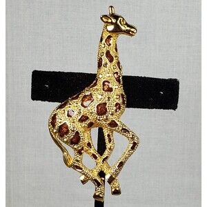 Vintage Signed KC Kenneth Cole Goldtone Brown Enamel Giraffe 3.25" Tall Brooch